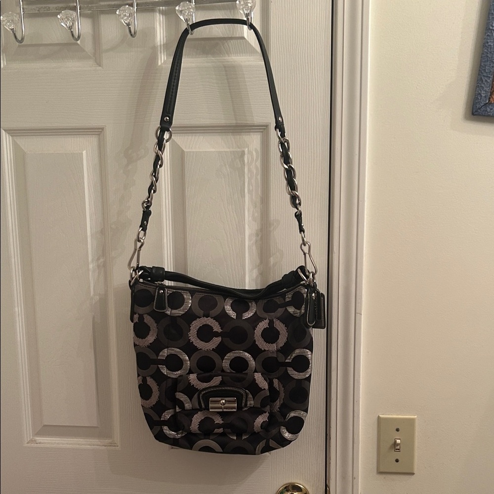 Coach Kristin Signature C Black Gray Silver Chain Hobo Shoulder Bag Purse